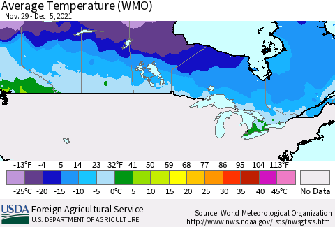 Canada Average Temperature (WMO) Thematic Map For 11/29/2021 - 12/5/2021