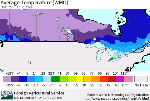 Canada Average Temperature (WMO) Thematic Map For 12/27/2021 - 1/2/2022