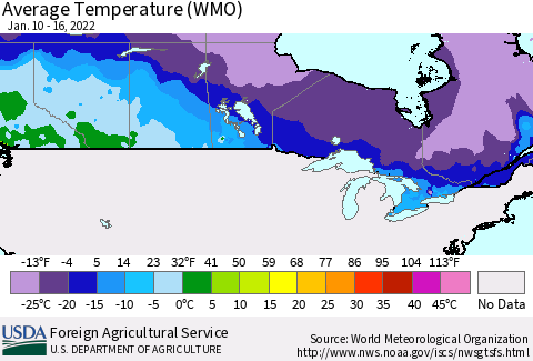 Canada Average Temperature (WMO) Thematic Map For 1/10/2022 - 1/16/2022