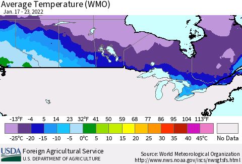 Canada Average Temperature (WMO) Thematic Map For 1/17/2022 - 1/23/2022
