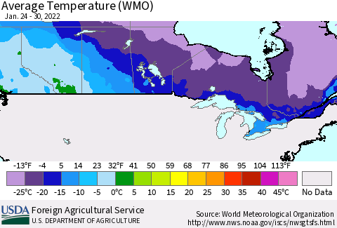 Canada Average Temperature (WMO) Thematic Map For 1/24/2022 - 1/30/2022