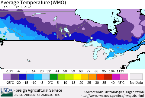 Canada Average Temperature (WMO) Thematic Map For 1/31/2022 - 2/6/2022