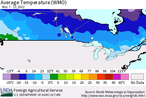 Canada Average Temperature (WMO) Thematic Map For 3/7/2022 - 3/13/2022