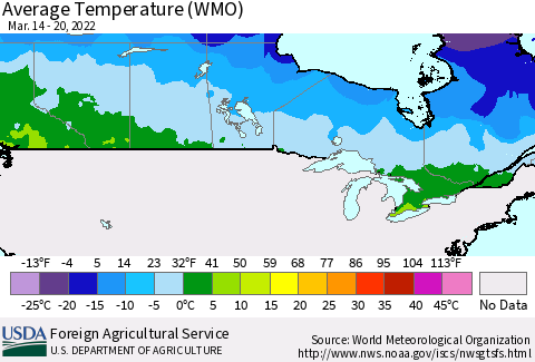 Canada Average Temperature (WMO) Thematic Map For 3/14/2022 - 3/20/2022