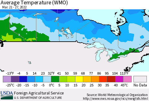Canada Average Temperature (WMO) Thematic Map For 3/21/2022 - 3/27/2022