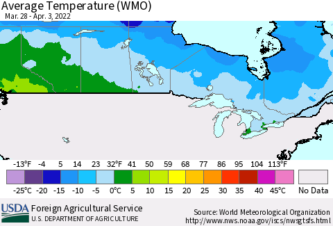Canada Average Temperature (WMO) Thematic Map For 3/28/2022 - 4/3/2022