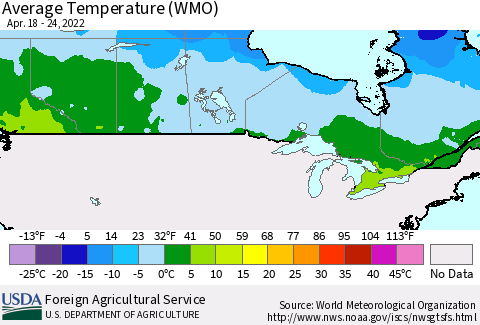 Canada Average Temperature (WMO) Thematic Map For 4/18/2022 - 4/24/2022