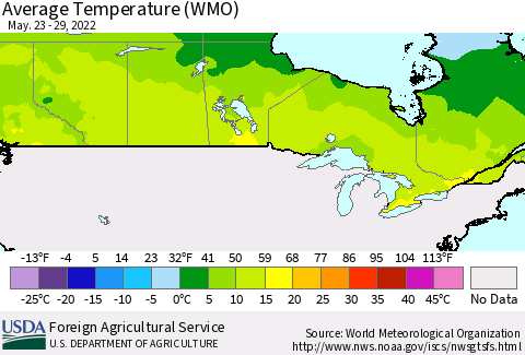 Canada Average Temperature (WMO) Thematic Map For 5/23/2022 - 5/29/2022