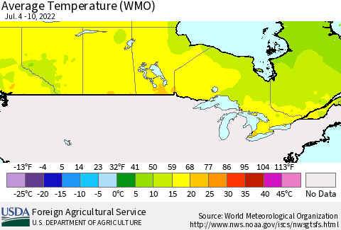 Canada Average Temperature (WMO) Thematic Map For 7/4/2022 - 7/10/2022