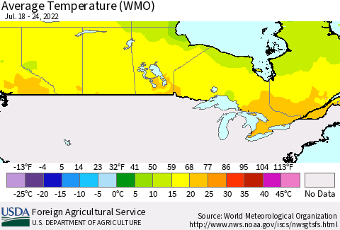 Canada Average Temperature (WMO) Thematic Map For 7/18/2022 - 7/24/2022