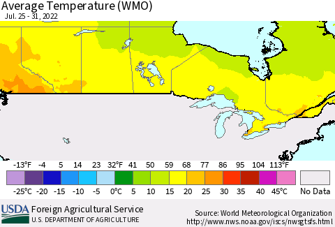 Canada Average Temperature (WMO) Thematic Map For 7/25/2022 - 7/31/2022