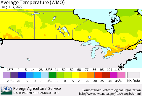 Canada Average Temperature (WMO) Thematic Map For 8/1/2022 - 8/7/2022