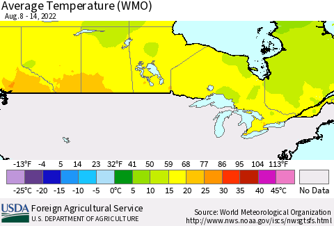 Canada Average Temperature (WMO) Thematic Map For 8/8/2022 - 8/14/2022