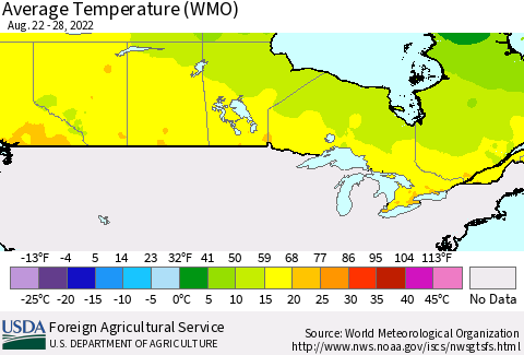 Canada Average Temperature (WMO) Thematic Map For 8/22/2022 - 8/28/2022