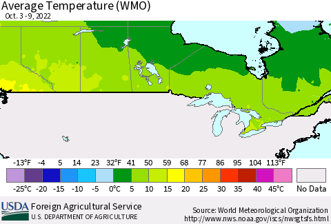 Canada Average Temperature (WMO) Thematic Map For 10/3/2022 - 10/9/2022