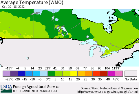 Canada Average Temperature (WMO) Thematic Map For 10/10/2022 - 10/16/2022