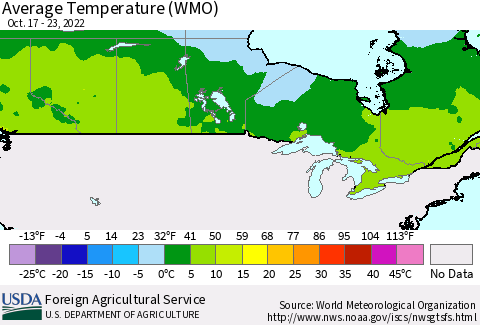 Canada Average Temperature (WMO) Thematic Map For 10/17/2022 - 10/23/2022