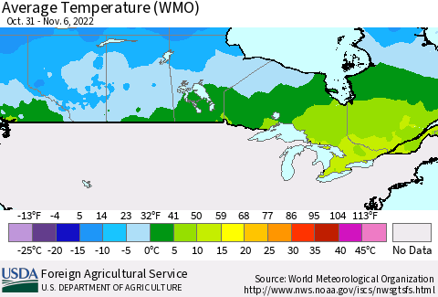 Canada Average Temperature (WMO) Thematic Map For 10/31/2022 - 11/6/2022