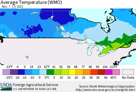 Canada Average Temperature (WMO) Thematic Map For 11/7/2022 - 11/13/2022