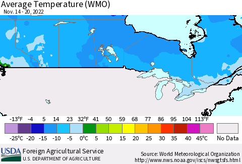 Canada Average Temperature (WMO) Thematic Map For 11/14/2022 - 11/20/2022