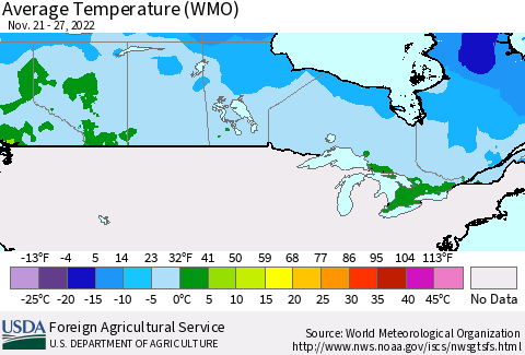Canada Average Temperature (WMO) Thematic Map For 11/21/2022 - 11/27/2022