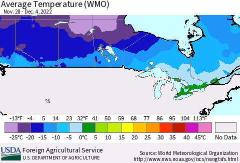 Canada Average Temperature (WMO) Thematic Map For 11/28/2022 - 12/4/2022