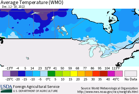 Canada Average Temperature (WMO) Thematic Map For 12/12/2022 - 12/18/2022