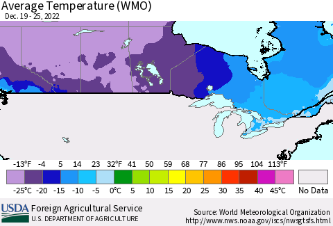 Canada Average Temperature (WMO) Thematic Map For 12/19/2022 - 12/25/2022