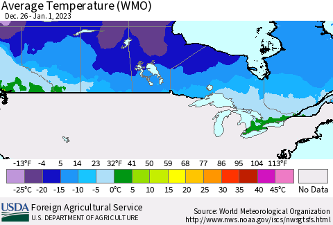 Canada Average Temperature (WMO) Thematic Map For 12/26/2022 - 1/1/2023