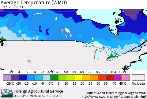 Canada Average Temperature (WMO) Thematic Map For 1/2/2023 - 1/8/2023