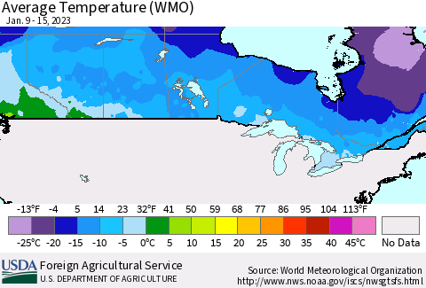 Canada Average Temperature (WMO) Thematic Map For 1/9/2023 - 1/15/2023