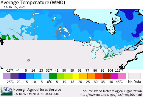 Canada Average Temperature (WMO) Thematic Map For 1/16/2023 - 1/22/2023