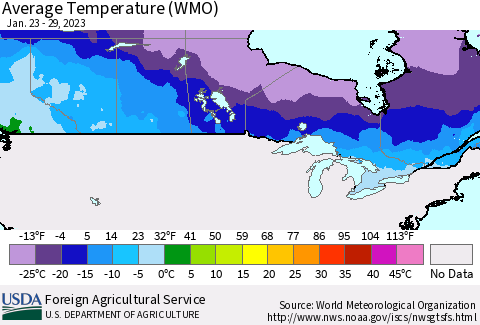 Canada Average Temperature (WMO) Thematic Map For 1/23/2023 - 1/29/2023