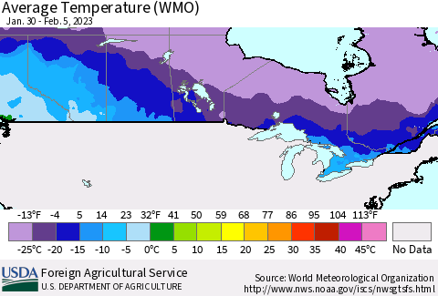 Canada Average Temperature (WMO) Thematic Map For 1/30/2023 - 2/5/2023