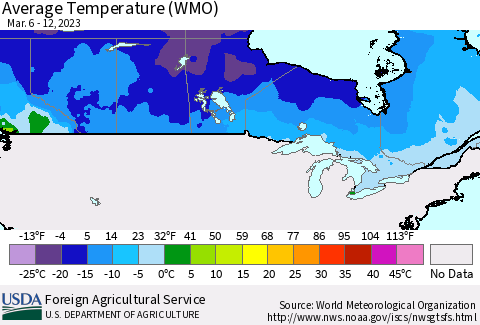 Canada Average Temperature (WMO) Thematic Map For 3/6/2023 - 3/12/2023