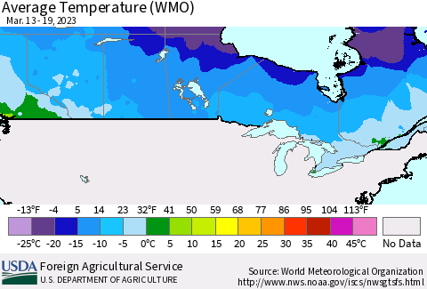 Canada Average Temperature (WMO) Thematic Map For 3/13/2023 - 3/19/2023