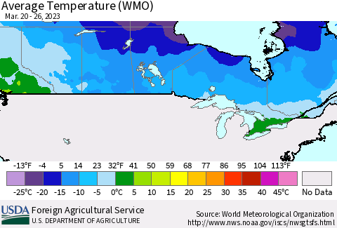 Canada Average Temperature (WMO) Thematic Map For 3/20/2023 - 3/26/2023