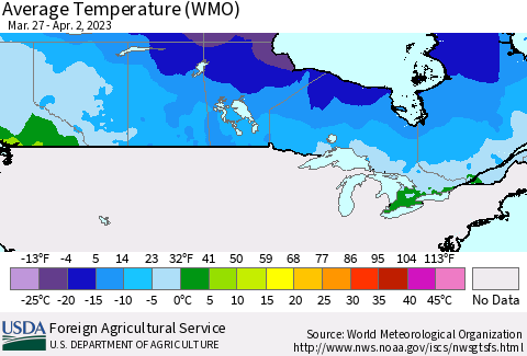 Canada Average Temperature (WMO) Thematic Map For 3/27/2023 - 4/2/2023
