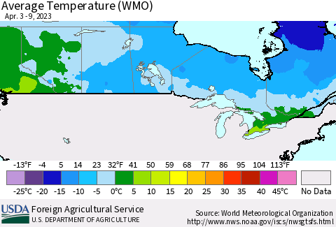 Canada Average Temperature (WMO) Thematic Map For 4/3/2023 - 4/9/2023