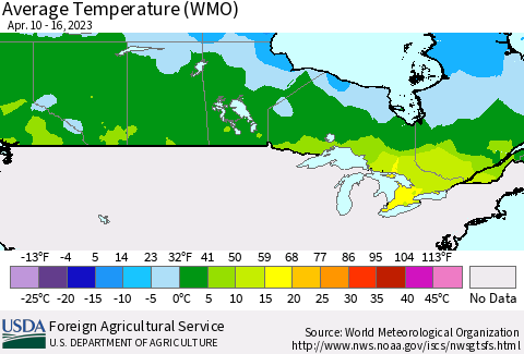 Canada Average Temperature (WMO) Thematic Map For 4/10/2023 - 4/16/2023