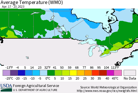 Canada Average Temperature (WMO) Thematic Map For 4/17/2023 - 4/23/2023