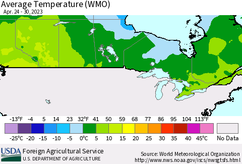 Canada Average Temperature (WMO) Thematic Map For 4/24/2023 - 4/30/2023