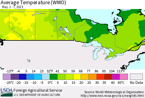 Canada Average Temperature (WMO) Thematic Map For 5/1/2023 - 5/7/2023