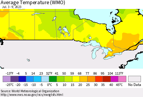Canada Average Temperature (WMO) Thematic Map For 7/3/2023 - 7/9/2023