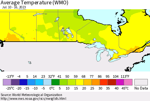 Canada Average Temperature (WMO) Thematic Map For 7/10/2023 - 7/16/2023
