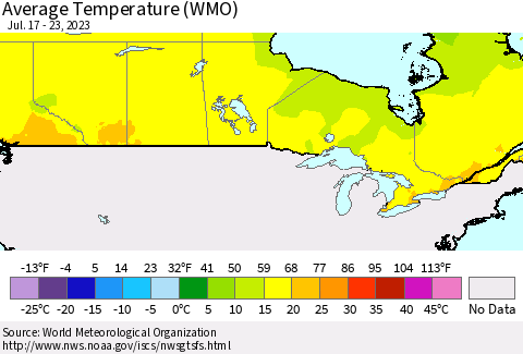 Canada Average Temperature (WMO) Thematic Map For 7/17/2023 - 7/23/2023