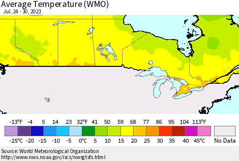 Canada Average Temperature (WMO) Thematic Map For 7/24/2023 - 7/30/2023