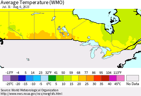 Canada Average Temperature (WMO) Thematic Map For 7/31/2023 - 8/6/2023