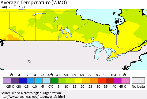 Canada Average Temperature (WMO) Thematic Map For 8/7/2023 - 8/13/2023