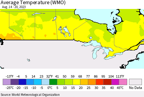 Canada Average Temperature (WMO) Thematic Map For 8/14/2023 - 8/20/2023